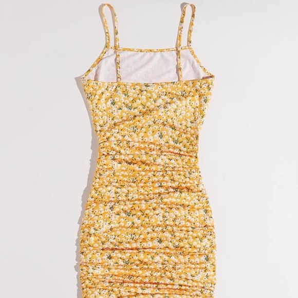 Yellow Floral Ruched Drawstring Dress - Picture 2 of 5